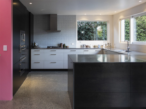 Kitchen, pink and black kitchen, kitchen benches, splash back, concrete flooring, Resene