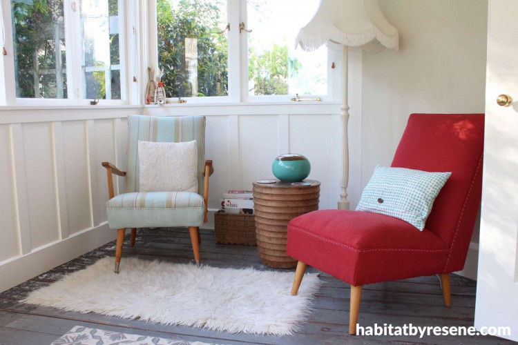 sunroom, porch, B&B, white sunroom, retro sunroom, grey floorboards, retro chairs 