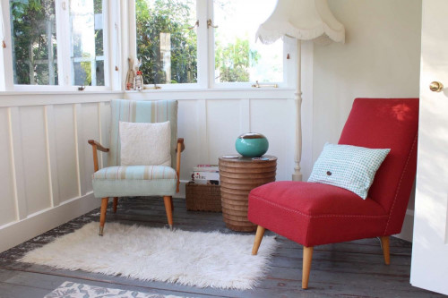 sunroom, porch, B&B, white sunroom, retro sunroom, grey floorboards, retro chairs
