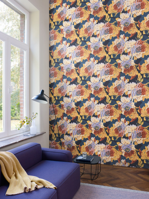 living room, lounge, complementary colours, purple and yellow interior, wallpaper feature wall