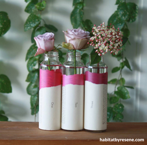 diy project, pink paint, pink vase, glass bottle vase, recycling glass