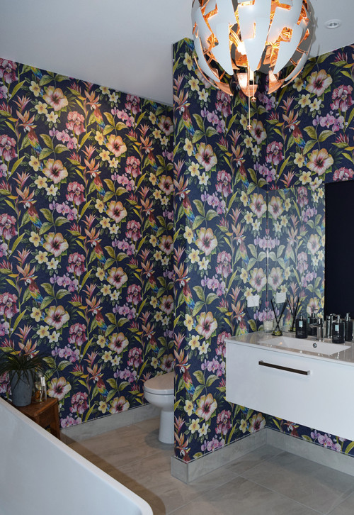 rainforest room, rainforest bathroom, rainforest theme, wallpaper in bathroom, using wallpaper