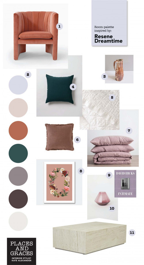 resene dreamtime, room palette, interior inspiration, kate alexander, lilac bedroom 