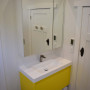 bathroom, white bathroom, yellow bathroom, yellow vanity, bathroom inspiration, bathroom ideas