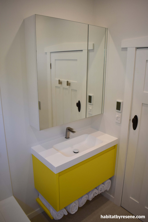 bathroom, white bathroom, yellow bathroom, yellow vanity, bathroom inspiration, bathroom ideas