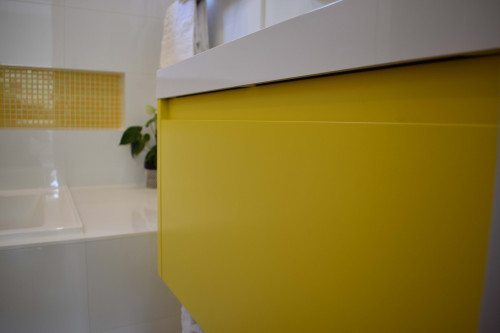bathroom, yellow bathroom, yellow vanity, bathroom inspiration, bathroom ideas, resene turbo
