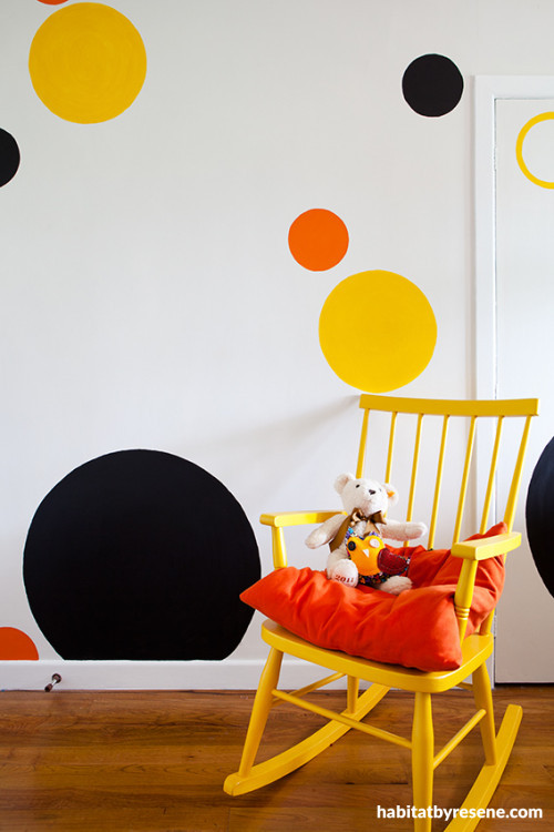 kids bedroom, children's bedroom, feature wall, painted spots, spotted wall, interior, yellow chair