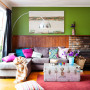 green living room, lounge, interior, home decorating ideas, brick fireplace, painted feature wall 