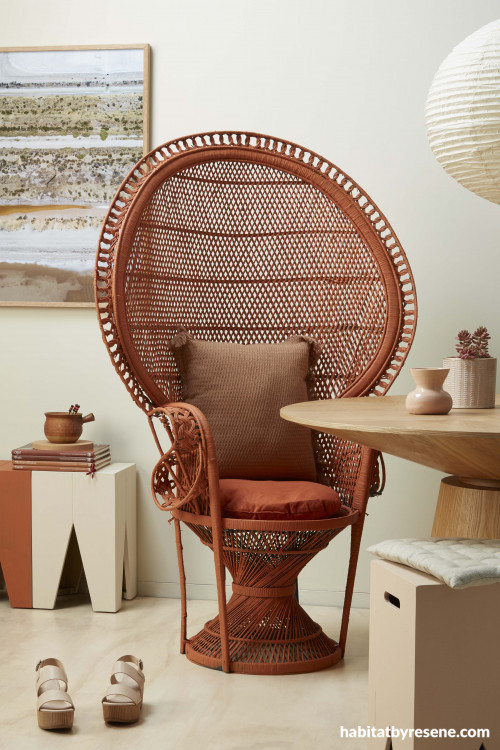 70s inspiration, rattan chair, orange chair, dining, living, resene spanish white, peacock chair 