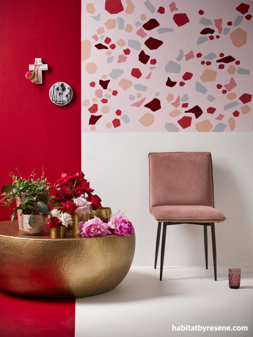 feature wall, pink and red, pink feature wall, painted pattern wall, red wall, resene red berry 