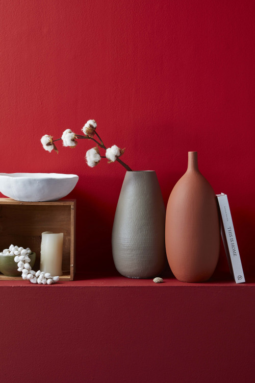 red feature wall, red living room, painted vases, red paint, red interior, diy vases