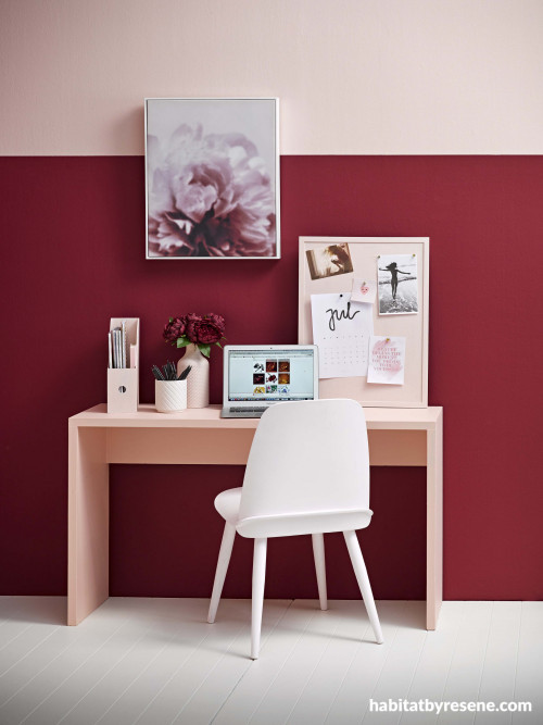 Pink and red office, tonal office, pink desk inspo, pink desk, pink office, Resene 