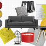 yellow paint, red paint, grey couch, red accessories, yellow accessories, grey paint 