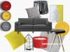 yellow paint, red paint, grey couch, red accessories, yellow accessories, grey paint 