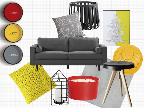 yellow paint, red paint, grey couch, red accessories, yellow accessories, grey paint