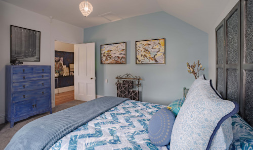 bedroom, blue bedroom, blue feature wall, pale blue bedroom, blue and white bedroom