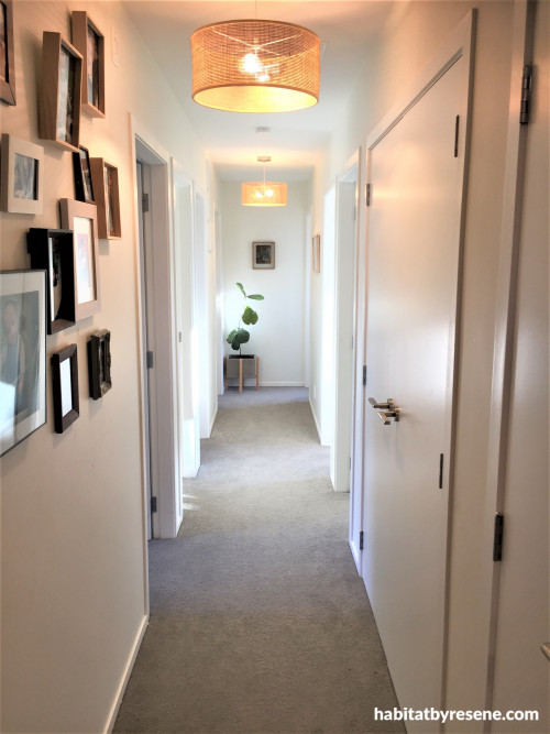 hallway, white hallway, neutral hallway, resene rice cake, white paint, white painted walls 