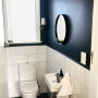 bathroom, blue bathroom, navy bathroom, navy and white, white bathroom tiles, navy feature