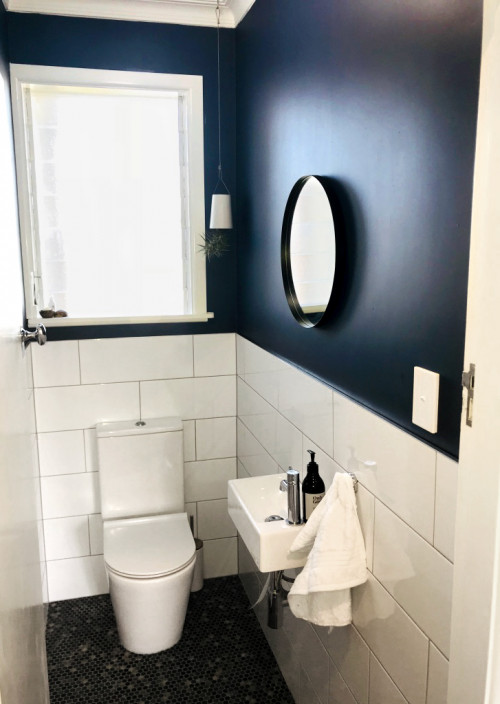 bathroom, blue bathroom, navy bathroom, navy and white, white bathroom tiles, navy feature