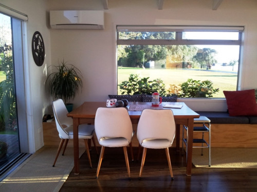 bach, holiday home, beach house, dining room, white dining room, neutrals, open plan living