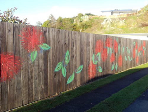 bach, holiday home, beach house, fence mural, driveway mural, pohutukawa mural