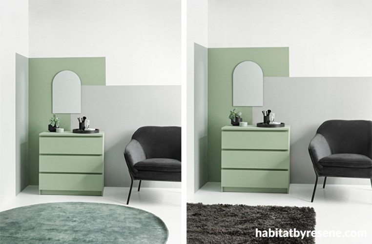 bedroom, green bedroom, green and grey, resene peace, round rug, grey rug, square rug