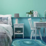 teal bedroom, blue bedroom, painted rug, teal rug, blue feature, resene freelance