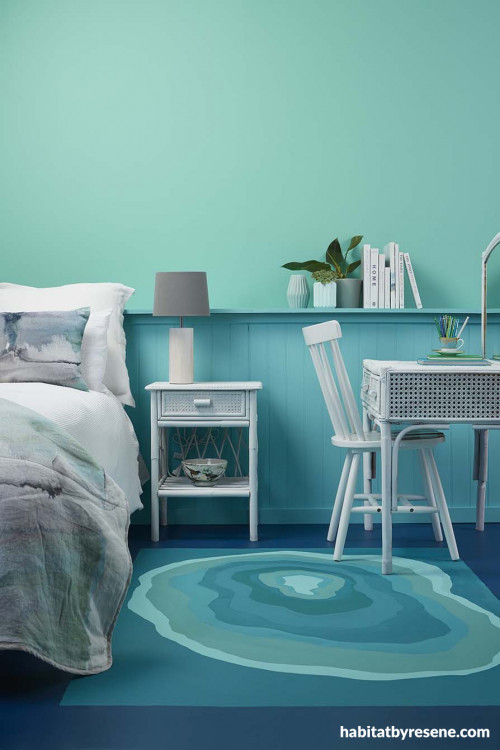 teal bedroom, blue bedroom, painted rug, teal rug, blue feature, resene freelance