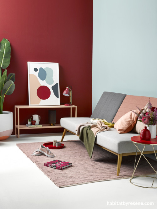 living room, lounge, red feature wall, blue feature wall, blue and red, resene salsa, resene unwind