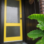 Yellow, front door, porch, painted steps, grey