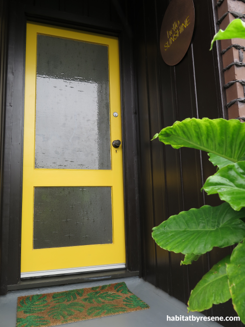 Yellow, front door, porch, painted steps, grey