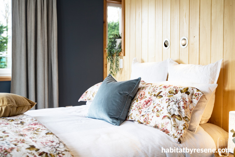 bedroom inspiration, bedroom ideas, bedroom design, dark blue bedroom, timber feature wall, resene