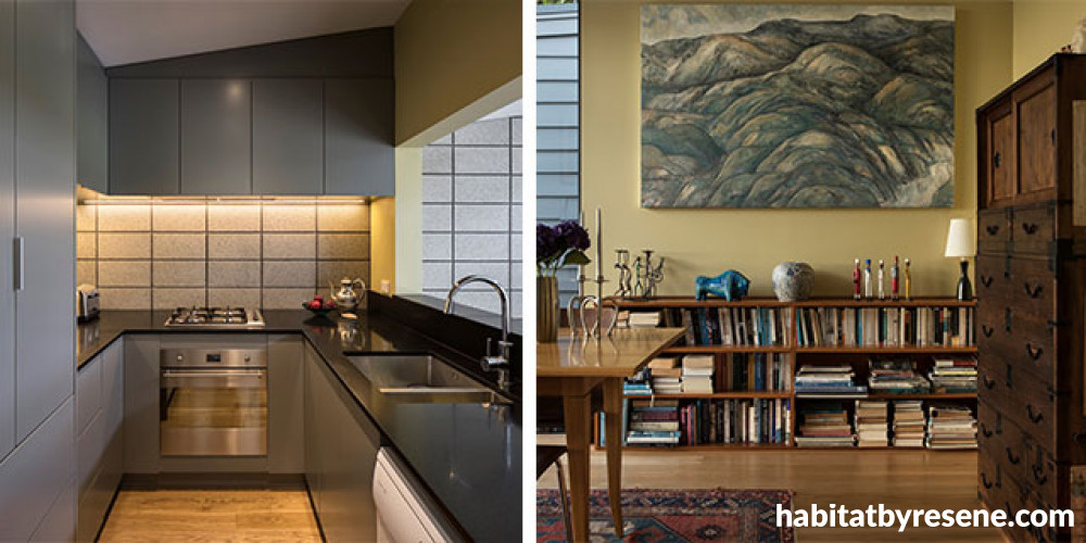 kitchen, renovated villa, grey cabinets, grey kitchen, yellow dining room, yellow interior