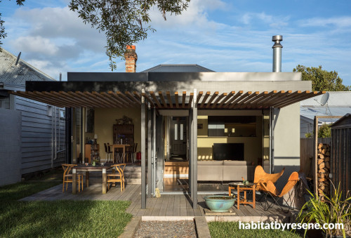 house exterior, renovated villa, outdoor living, timber pergola, yellow interior, deck