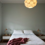 grey bedroom, bedroom, master bedroom, green bedroom, resene tasman, renovated villa