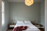 grey bedroom, bedroom, master bedroom, green bedroom, resene tasman, renovated villa