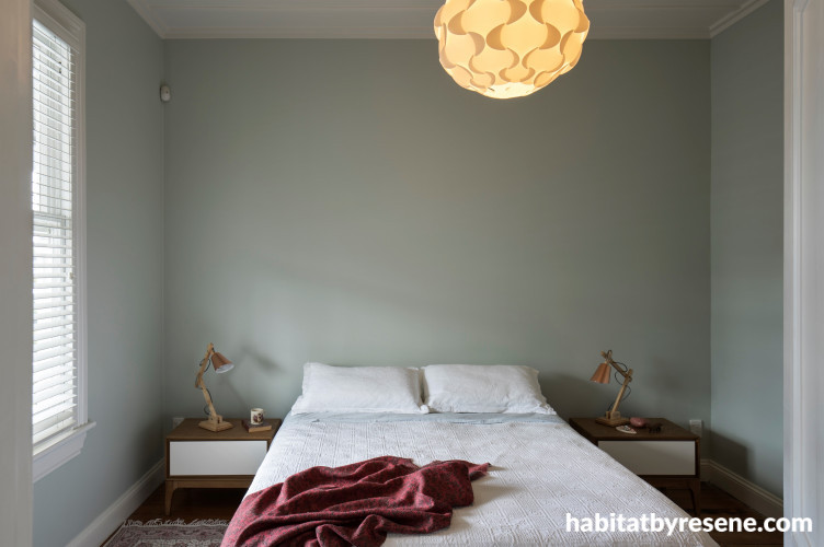 grey bedroom, bedroom, master bedroom, green bedroom, resene tasman, renovated villa