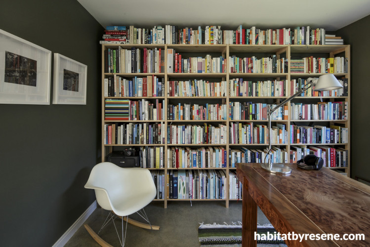 bookshelves, bookcase, study, olive green, interior, green paint 