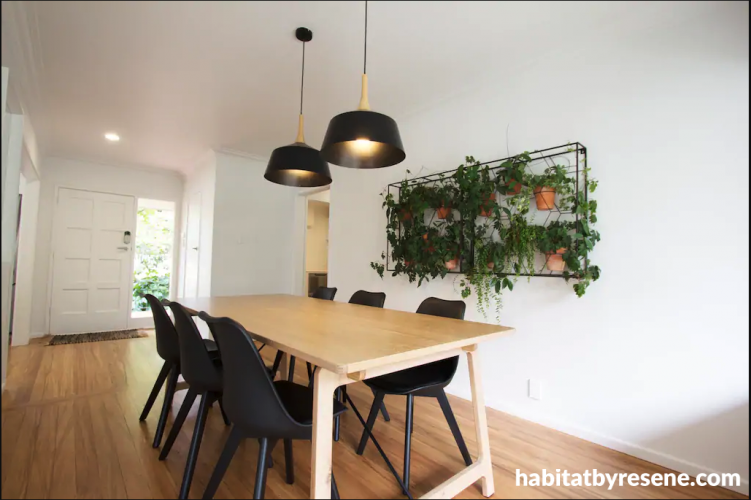 dining room, white dining room, black and white dining, wall plants, indoor plants, black white 