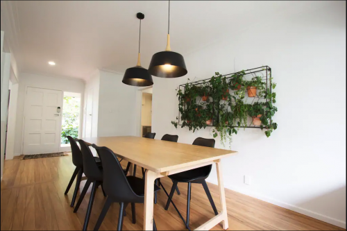 dining room, white dining room, black and white dining, wall plants, indoor plants, black white