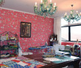 sewing room, pink room, pink wallpaper, pink sewing room, floral wallpaper, feature wallpaper