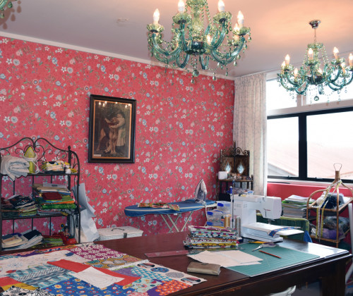 sewing room, pink room, pink wallpaper, pink sewing room, floral wallpaper, feature wallpaper