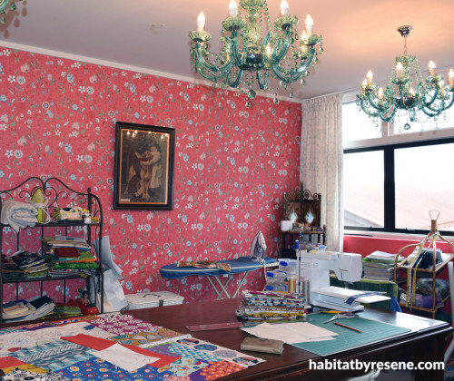 sewing room, pink room, pink wallpaper, pink sewing room, floral wallpaper, feature wallpaper