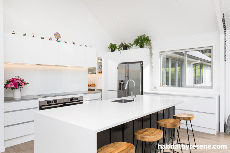 kitchen, white kitchen, black and white kitchen, open plan living, monochrome dining room 