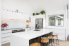 kitchen, white kitchen, black and white kitchen, open plan living, monochrome dining room 