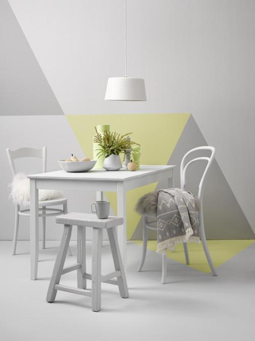 dining room, geometric feature wall, triangle painted wall, feature wall, grey and white