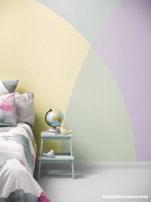 bedroom, geometric feature wall, pastel bedroom, pastel feature wall, pastel paint 