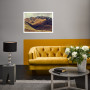 lounge, living room, gold couch, geometric feature wall, gold feature wall, grey lounge