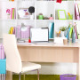 pastel colours, study, cube shelving, interior, desk shelves, white paint 