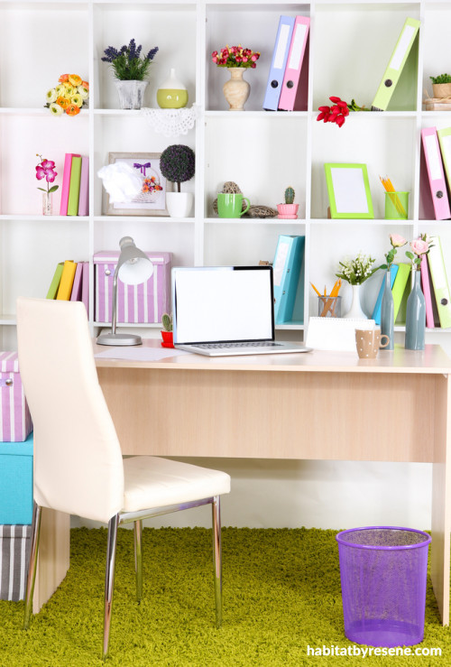 pastel colours, study, cube shelving, interior, desk shelves, white paint 